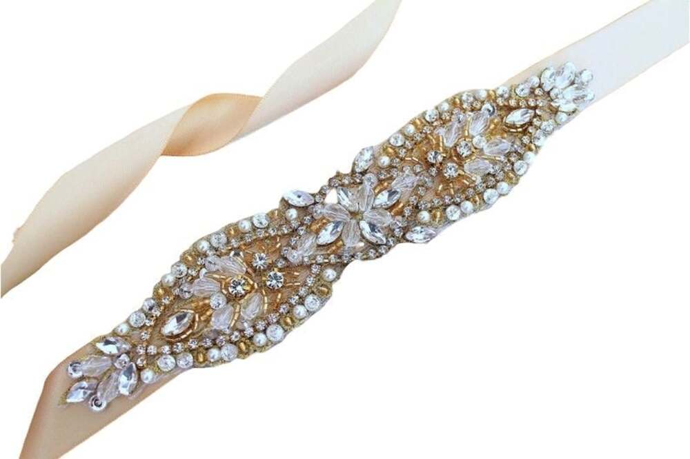Crystal Rhinestone and Pearl Bridal Belt Sash with White Ribbon